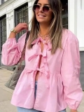 Women Fashion Bow Tie Front Long Sleeve Blouse Casual Ruffle Hem Peplum Top Elegant Streetwear Polyester Shirt For Women