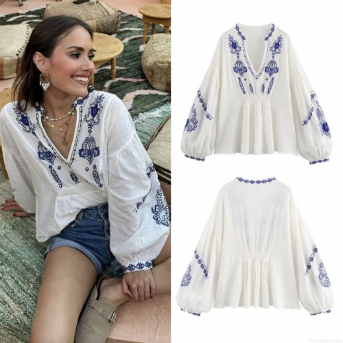 Women's Bohemian 100% Cotton Blouse V-Neck Blue Floral Embroidered Lantern Sleeve Smocked Waist Western Style Summer Casual Top For Women