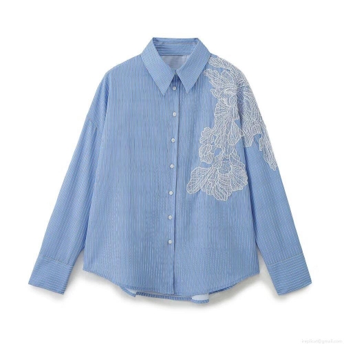Women's Stripe Embroidery Shirt Turn-down Collar Long Sleeve Loose Fit Patchwork Lace Floral Blouse Casual Streetwear Office Fashion Top