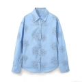 Women's Elegant Light Blue Floral Embroidery Hollow Out Poplin Long Sleeve Shirt Lapel Single Breasted Loose Casual Blouse Top Streetwear