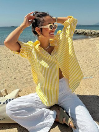 Women's Striped Long Sleeve Button Down Shirt Oversized Polyester Lapel Blouse Casual Beach Vacation Streetwear Tops