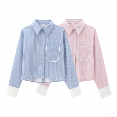 Women's Striped Long Sleeve Button Down Shirt Contrast Cuffs Chest Pocket Cropped Blouse Polyester Blend Casual Chic Streetwear Tops
