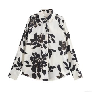 Women's Fashion Satin Long Sleeve Blouse Vintage Black Floral Print Shirt Single Breasted Lapel Casual Streetwear Top