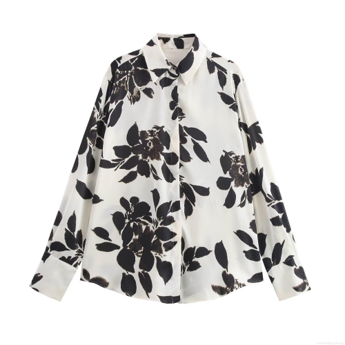 Women's Fashion Satin Long Sleeve Blouse Vintage Black Floral Print Shirt Single Breasted Lapel Casual Streetwear Top