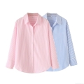 Women's Fashion Two-Tone Striped Poplin Shirt Autumn Long Sleeve Button Down Blouse Casual Streetwear Top For Women