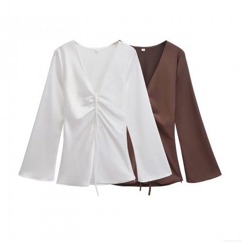 Women Sexy V Neck Satin Blouse Front Drawstring Ruched Flare Long Sleeve Top Elegant Polyester Pullover Shirt For Women