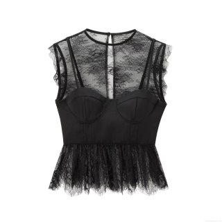 Women's Black Lace Patchwork Tank Top Sleeveless Round Neck Ruffle Hem Corset Style Streetwear Blouse Shirt For Party Daily Summer Autumn Casual