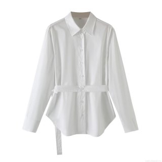 Women's 100% Cotton Poplin Shirt With Waist Tie Belt Long Sleeve Button Down Blouse Minimalist Office Streetwear Casual Solid Top