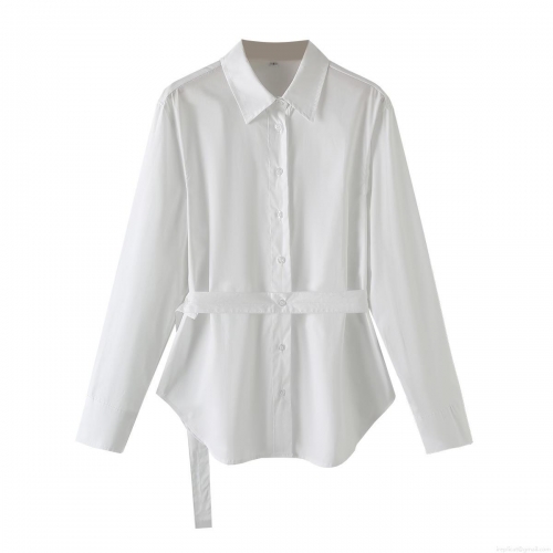 Women's 100% Cotton Poplin Shirt With Waist Tie Belt Long Sleeve Button Down Blouse Minimalist Office Streetwear Casual Solid Top