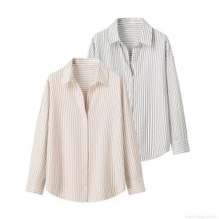 Women's Striped Polyester Seersucker Long Sleeve Shirt Button Down Casual Oversized Blouse Top For Autumn