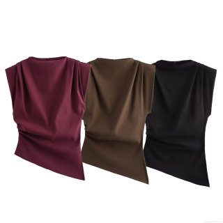 Women Chic Sleeveless Pleated Blouse With Shoulder Pads Asymmetrical Hem Polyester Solid Color Crew Neck Drape Top For Streetwear Daily Wear