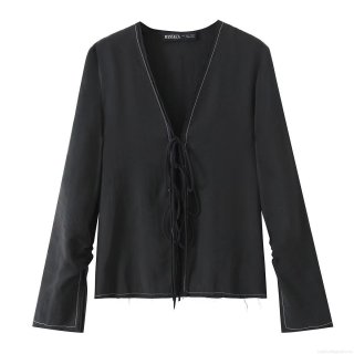 Women V Neck Long Sleeve Shirt With Bow Tie Front White Contrast Stitching Detail Black Polyester Fashion Streetwear Blouse Top For Daily Wear