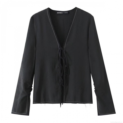 Women V Neck Long Sleeve Shirt With Bow Tie Front White Contrast Stitching Detail Black Polyester Fashion Streetwear Blouse Top For Daily Wear