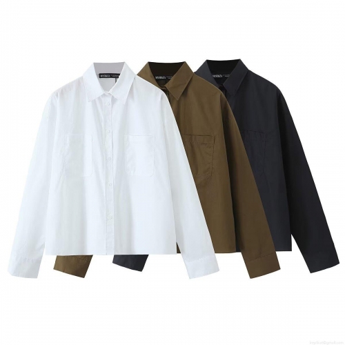 Women's Fashion Poplin Long Sleeve Shirt Solid Color Lapel Short Blouse Top With Chest Pockets For Winter Casual Streetwear Ladies Clothing