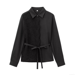 Women's Fashion Black Lace Patchwork Shirt Long Sleeve Lapel Blouse With Waist Tie Belt Elegant Streetwear Party Top