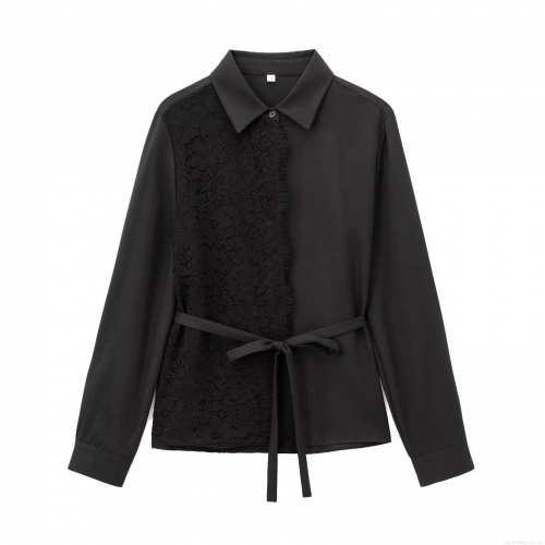 Women's Fashion Black Lace Patchwork Shirt Long Sleeve Lapel Blouse With Waist Tie Belt Elegant Streetwear Party Top