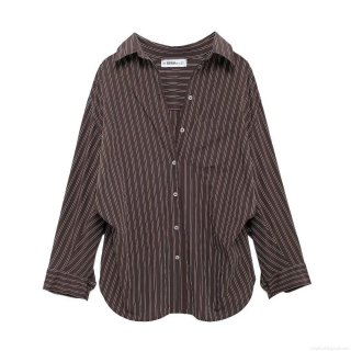 Women's Fashion Striped Long Sleeve Button Down Shirt European American Style Oversized Polyester Blouse With Lapel Collar For Daily Office Wear