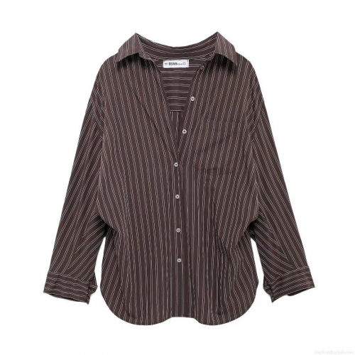 Women's Fashion Striped Long Sleeve Button Down Shirt European American Style Oversized Polyester Blouse With Lapel Collar For Daily Office Wear