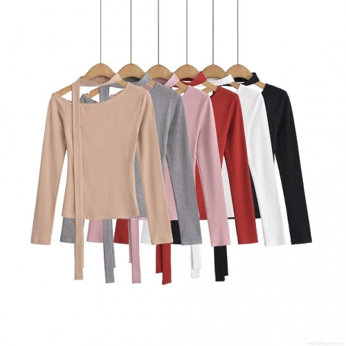 Women Fashion Halter Neck Long Sleeve Top Asymmetrical Off Shoulder Ribbon Knit Blouse Slim Fit Solid Color Streetwear Shirt for Women Party Club Daily Wear