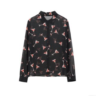 Women's Sheer Chiffon Long Sleeve Blouse Martini Glass Print Button Down Shirt For Party Sexy See-Through Polyester Top Clothing