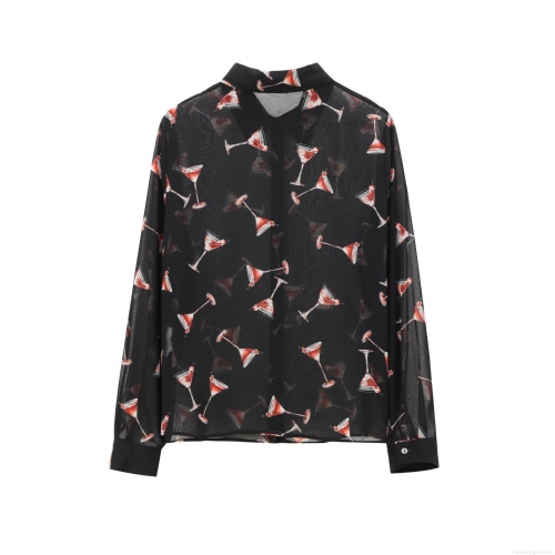 Women's Sheer Chiffon Long Sleeve Blouse Martini Glass Print Button Down Shirt For Party Sexy See-Through Polyester Top Clothing