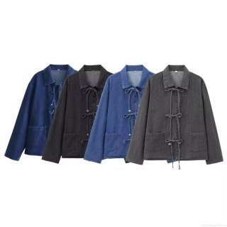 Women's Fashion Denim Blouse Shirt With Front Bow Lace Up Long Sleeve Lapel Collar Two Pockets Solid Color Casual Streetwear Outwear Top