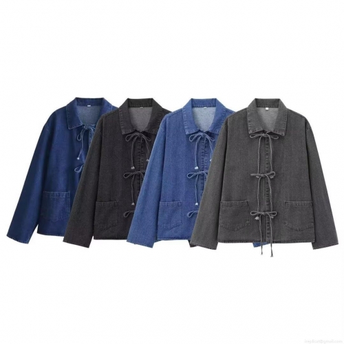 Women's Fashion Denim Blouse Shirt With Front Bow Lace Up Long Sleeve Lapel Collar Two Pockets Solid Color Casual Streetwear Outwear Top