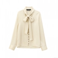 Women's Elegant Bow Tie Neck Satin Shirt Long Sleeve Button Down Blouse Cream Solid Color Office Commute Fashion Top For Lady