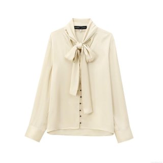 Women's Elegant Bow Tie Neck Satin Shirt Long Sleeve Button Down Blouse Cream Solid Color Office Commute Fashion Top For Lady