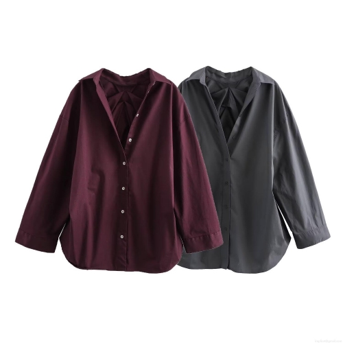 Women's Casual Long Sleeve Shirt Blouse Oversized Solid Color Back Pleated Poplin Top For Daily Streetwear Women Fashion