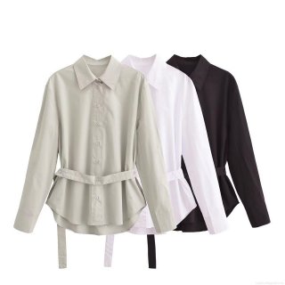 Women's Long Sleeve Button Down Shirt With Adjustable Waist Tie Belt Elegant Polyester Poplin Lapel Collar Solid Color Blouse Top For Street Fashion Daily Wear Office Lady