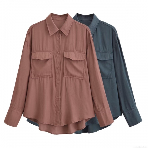 Women Fashion Loose Long Sleeve Shirt Polyester Lapel Button Down Blouse Solid Color Two-Pocket Casual Tops For Streetwear Office Autumn Winter