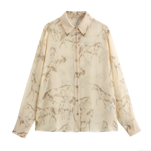 Women's Vintage Horse Print Long Sleeve Chiffon Blouse Shirt With Metal Tip Collar Loose Fit Beige Button Down Casual Tops For Women Streetwear