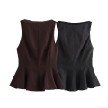 Women's Sleeveless Peplum Top Solid Color Round Neck Ruffle Hem Polyester Blouse For Office Party Streetwear Ladies Clothing