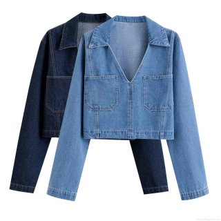Women's Fashion Solid Color Lapel Denim Long Sleeve Shirt Top Vintage Cropped Denim Jacket With Pockets For Women Casual Streetwear Autumn Winter Outwear