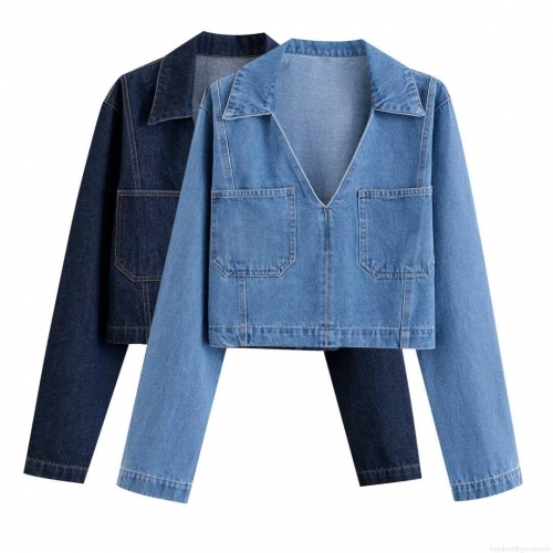 Women's Fashion Solid Color Lapel Denim Long Sleeve Shirt Top Vintage Cropped Denim Jacket With Pockets For Women Casual Streetwear Autumn Winter Outwear