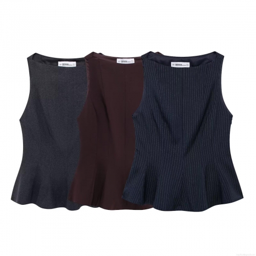 Women's Sleeveless Peplum Top Polyester Round Neck Layered Button Office Blouse For Work Daily Casual European Fashion Chic Striped Solid Shirt