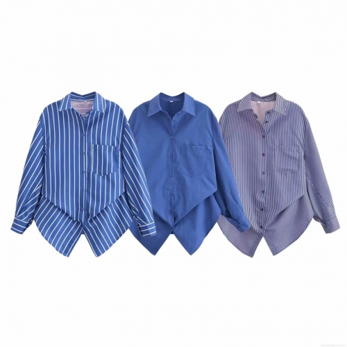 Women Striped Polyester Shirt Blouse With Batwing Sleeve Irregular Tie-Up Hem Turn-Down Collar Streetwear Long Sleeve Top For Women