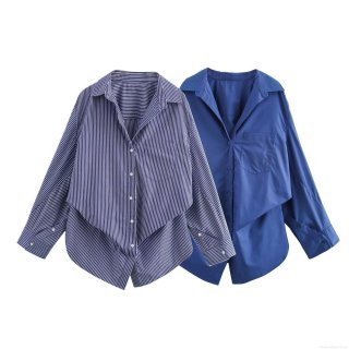 Women's Fashion Oversized Batwing Sleeve Poplin Shirt Casual Striped Solid Long Sleeve Button Down Blouse Top for Spring Autumn Streetwear