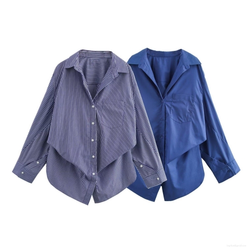 Women's Fashion Oversized Batwing Sleeve Poplin Shirt Casual Striped Solid Long Sleeve Button Down Blouse Top for Spring Autumn Streetwear