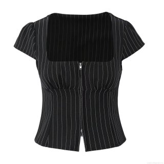 Women's Pinstripe Square Neck Shirt With Front Two-Way Zipper Polyester Spandex Short Sleeve Slim Fit Crop Top For Casual Streetwear Women Fashion Blouse