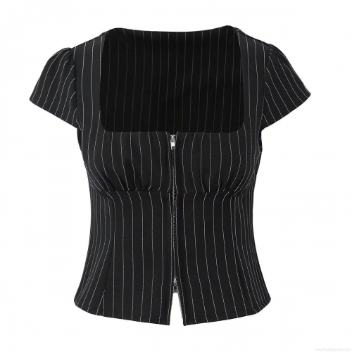 Women's Pinstripe Square Neck Shirt With Front Two-Way Zipper Polyester Spandex Short Sleeve Slim Fit Crop Top For Casual Streetwear Women Fashion Blouse