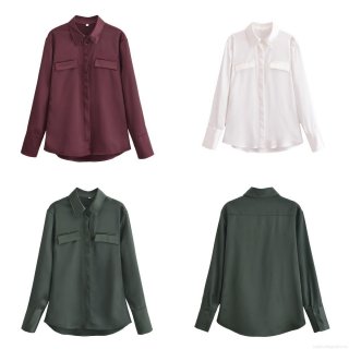 Women Elegant Solid Color Satin Long Sleeve Shirt Top With Double Pockets Button Down Lapel Blouse Polyester For Office Daily Streetwear Spring Fashion