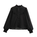 Women's Romantic Black Chiffon Swiss Dot Blouse Ruffle Stand Collar Sheer Mesh Long Sleeve Shirt Top For Elegant Party Streetwear