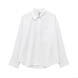 Women's Oversized White Long Sleeve Button Down Shirt With Rhinestone Embellishments Polyester Polka Dot Blouse Top For Casual Streetwear Party
