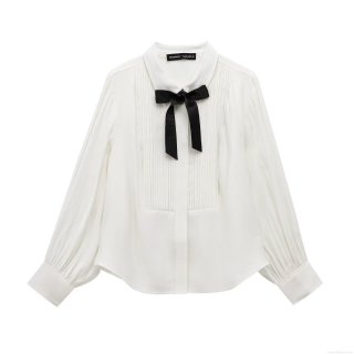 Women's Elegant White Tuxedo Shirt Long Sleeve Lapel Blouse Featuring Black Bow Decor and Vertical Pleats Sophisticated Button Up Top for Formal Office Party Wear