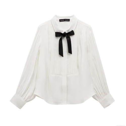 Women's Elegant White Tuxedo Shirt Long Sleeve Lapel Blouse Featuring Black Bow Decor and Vertical Pleats Sophisticated Button Up Top for Formal Office Party Wear