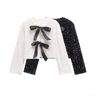 Women Sequin Cardigan Top Long Sleeve Bow Tie Front Cropped Blouse Polyester Sparkle Glitter Jacket For Party Club Streetwear Fashion Ladies Sparkly Top