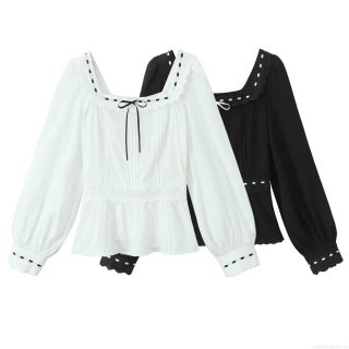 Women Square Neck Lace Trim Embroidery Blouse Tencel Viscose Blend Puff Sleeve Bow Hollow Out Shirt Casual Top