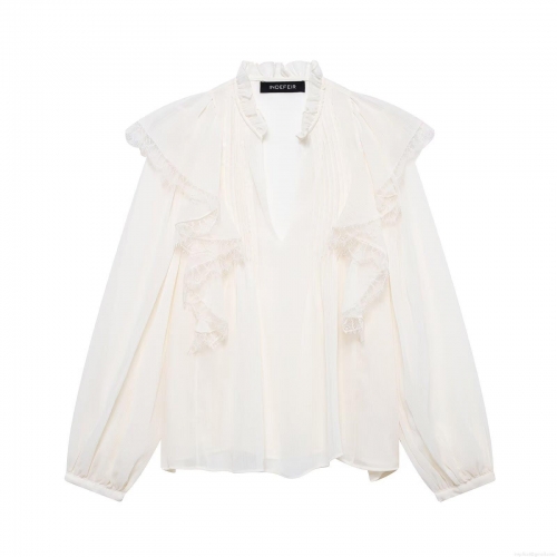 Women's V Neck Blouse Cotton Blend Polyester Chiffon Shirt With Ruffle Tiered Lace Patchwork Long Sleeve Casual Daily Streetwear Retro Style Tops